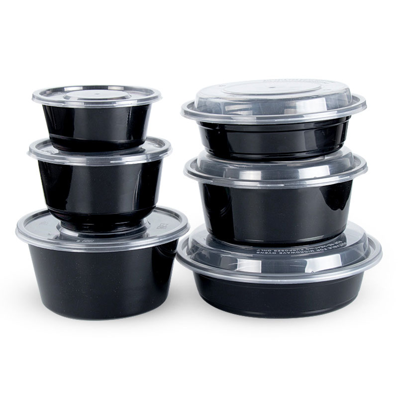 圆形一次性餐盒塑料汤碗带盖黑色外卖打包饭盒甜品碗打包盒通用简约饭盒便当盒商用