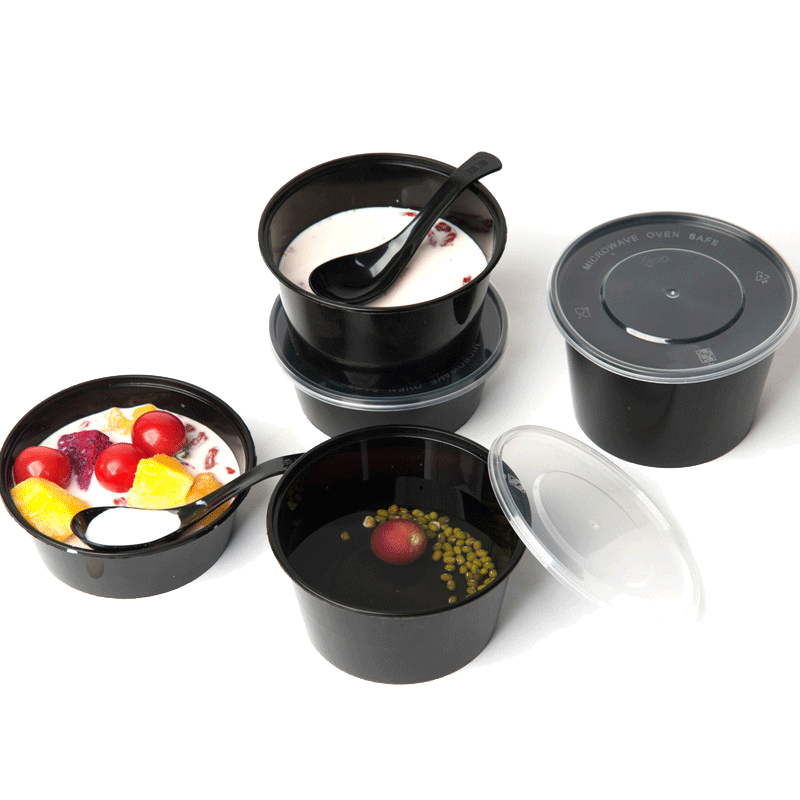 圆形一次性甜品盒带盖塑料烧仙西米露芋圆打包碗黑色一次性勺子通用饭盒便当盒商用