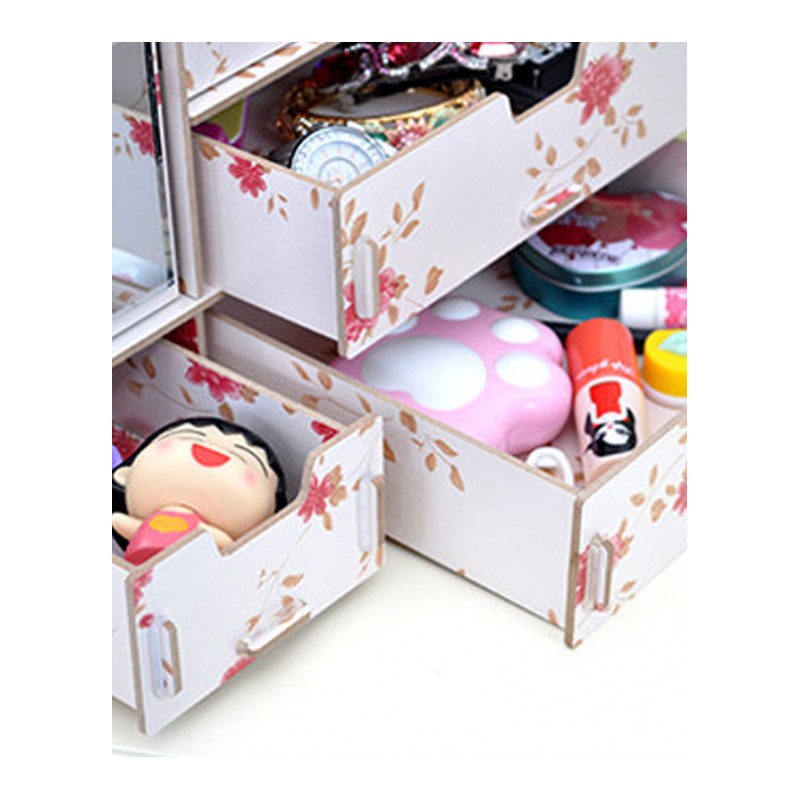 木制桌面整理化妆品收纳盒抽屉带镜子梳妆盒收纳箱口红置物架创意简约家居家用收纳用品