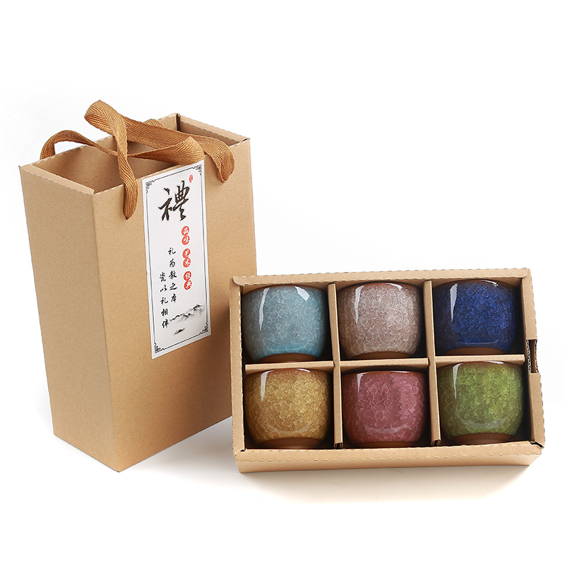 陶瓷功夫组合茶具紫砂冰裂釉纹8色6个日式品茗茶杯茶碗礼盒整套装