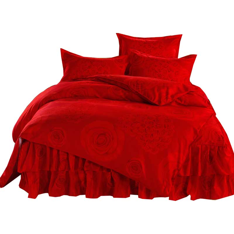 磨毛四件套全棉公主风纯棉床裙床罩结婚款式大红被套被罩床上用品
