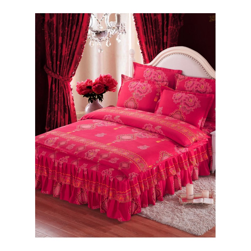 纯棉磨毛婚庆四件套床裙款加厚被套1.8X2.0m2X2.2米床罩式大红色