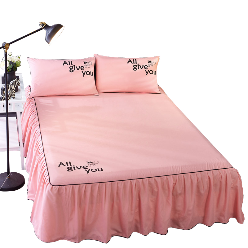 春夏纯色床裙单件纯棉荷叶边床罩防滑式床单床套1.5m1.8米保护套