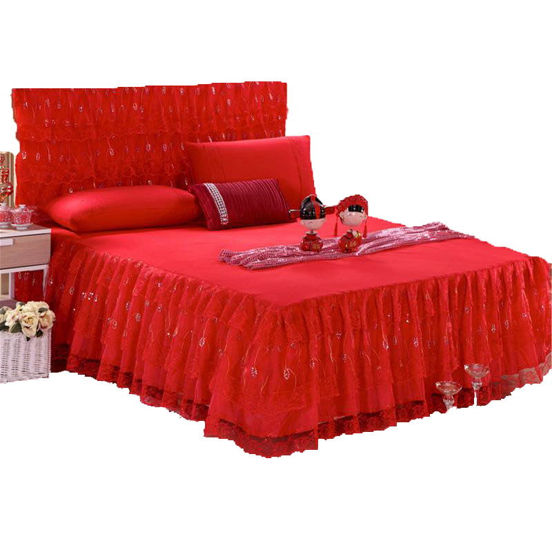 结婚庆大红色公主蕾丝床裙单件床罩款式床套床头罩1.5m 1.8 2米