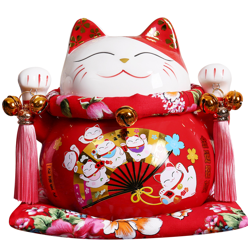 正版招财猫摆件 小号红色喜猫金运招财猫陶瓷储蓄罐开业创意礼品