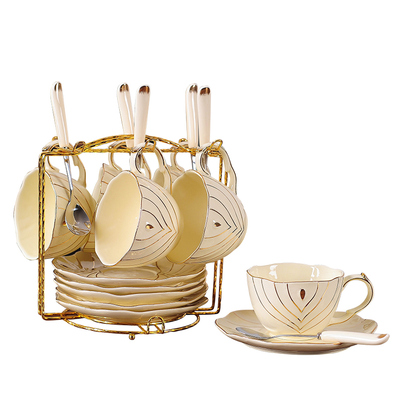 高档陶瓷欧式咖啡杯碟套装英式简约陶瓷金边下午茶茶杯送架勺