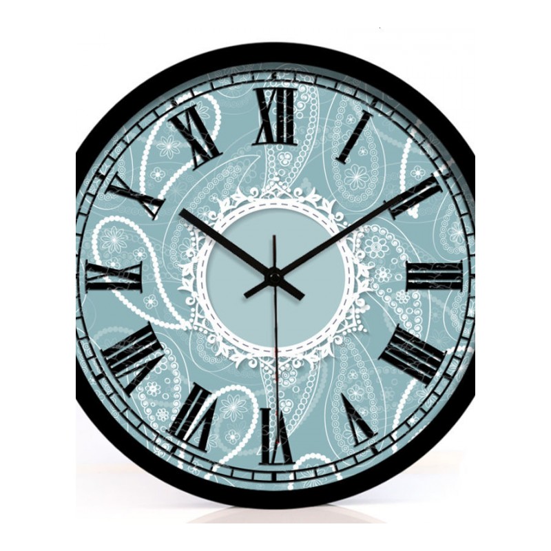 欧式冰蓝美式蓝色巴洛克花纹石英钟静音钟表艺术挂钟创意挂表