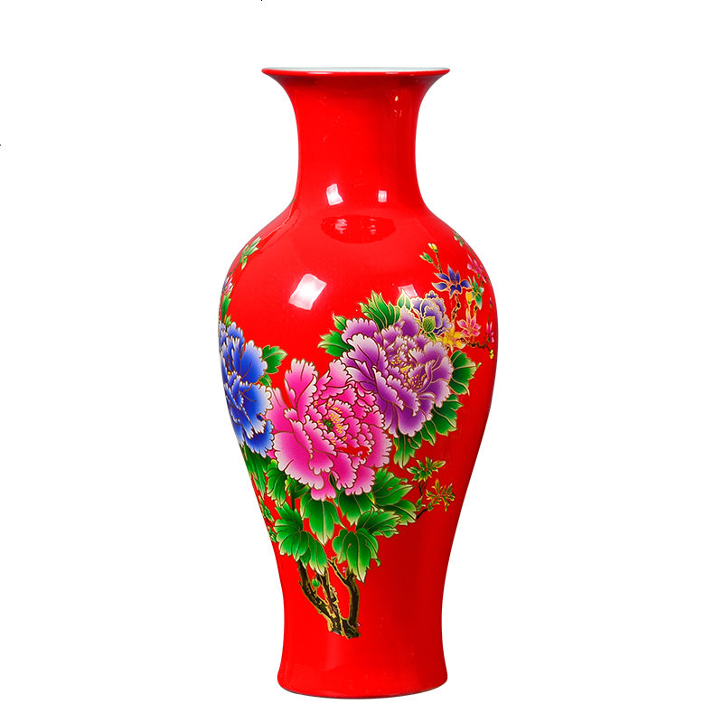 景德镇陶瓷器中国红牡丹花瓶插花家居客厅装饰品摆件结婚红色aj66