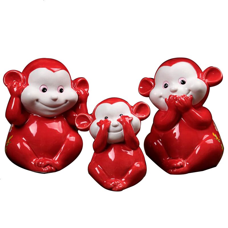 一个玩具三只猴子不言不听不看工艺品家居摆件红釉陶瓷装饰三不猴