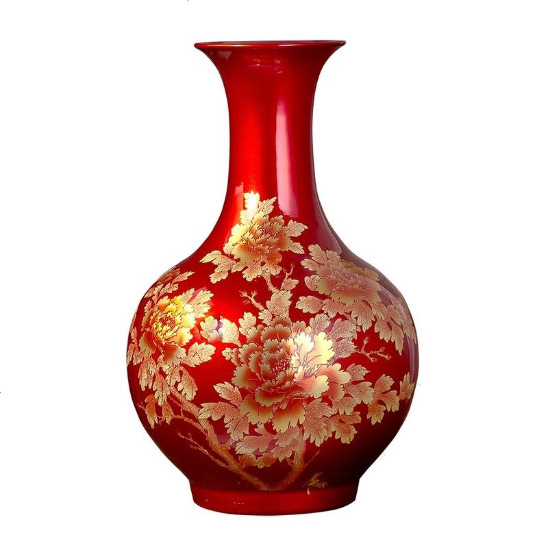 景德镇陶瓷花瓶摆件中国红水晶釉插花花瓶花器现代家居客厅装饰品