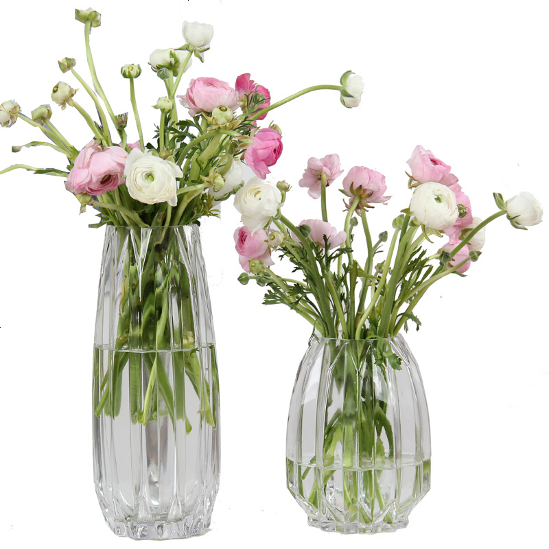 现代简约透明玻璃工艺摆件 手工竖楞鲜花花瓶 富贵竹水培花瓶