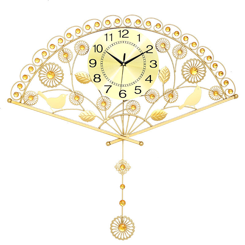 中式客厅钟表挂钟现代简约扇形铁艺挂表创意时钟静音摇摆钟石英钟