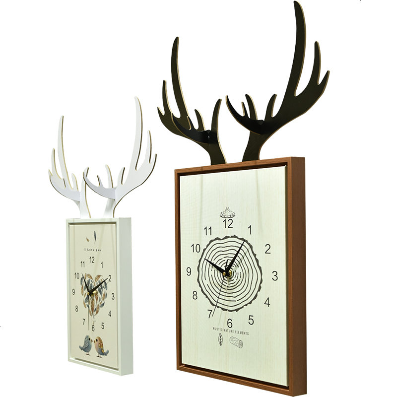 北欧鹿角钟表挂钟客厅时尚大气家用个性创意静音电子表时钟挂表