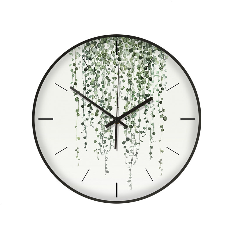 瓦舍绿色植物挂钟 小清新钟表 卧室金属静音时钟 北欧客厅挂表
