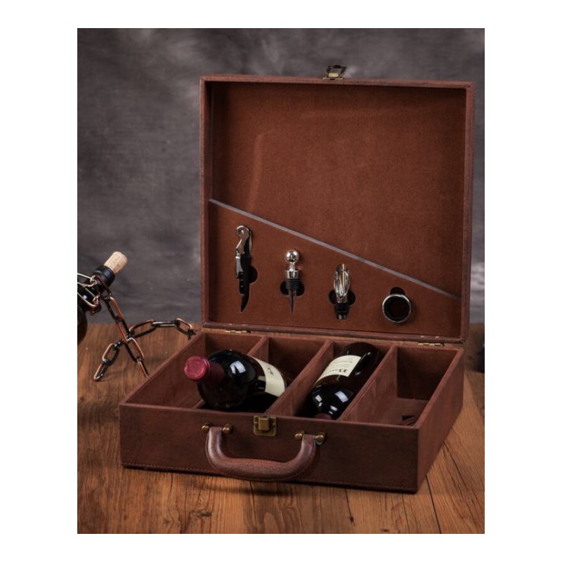 红酒皮盒葡萄酒包装盒四支装酒盒红酒礼品盒4只装酒箱黑色四支带酒具