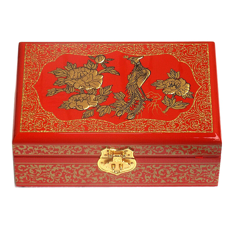 首饰盒木质中式古典手工漆器珠宝手饰品收纳盒平遥推光漆器多功能带锁红三牡丹单个装