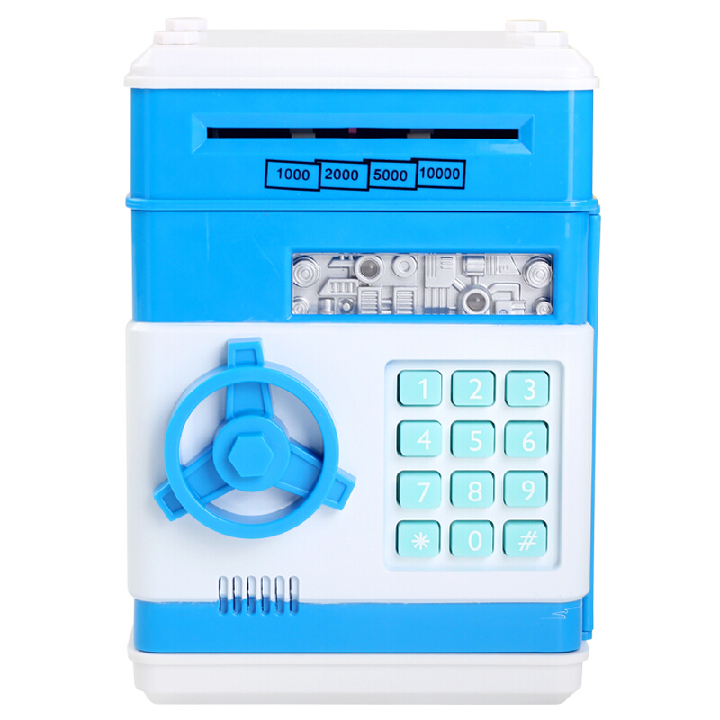 自动吸纸币可投硬币电子密码超大号存钱罐送小孩子生日创意储蓄罐蓝色
