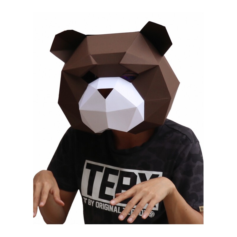 纸无限创意泰迪熊头套面具动物纸模DIY材料化妆舞会表演抖音道具