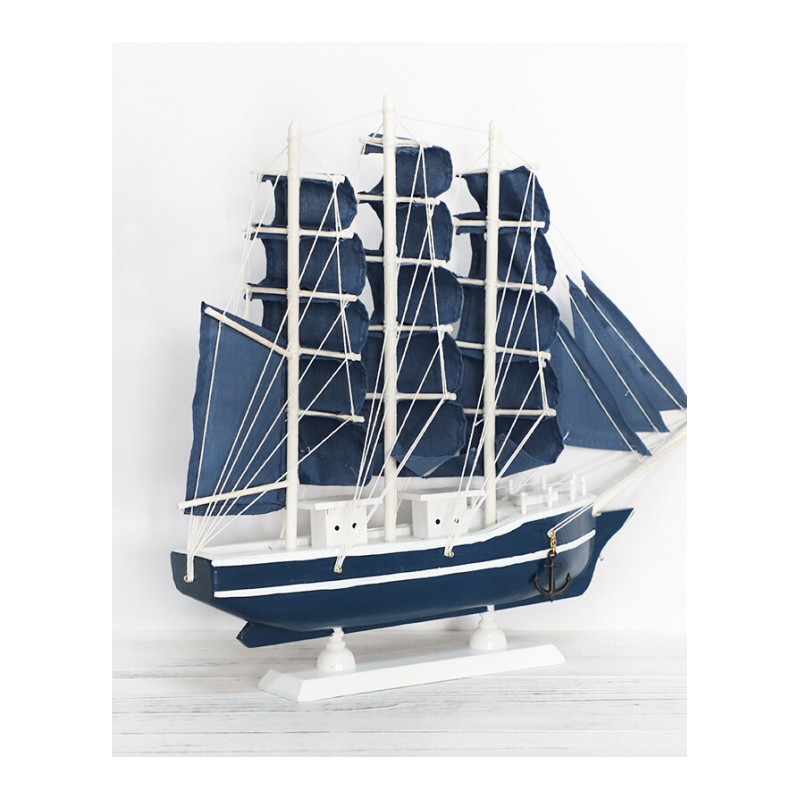 木制帆船33cm深蓝色2050客厅酒柜电视柜摆件家居装饰品手工艺品海洋创意小摆件办公室帆船模型
