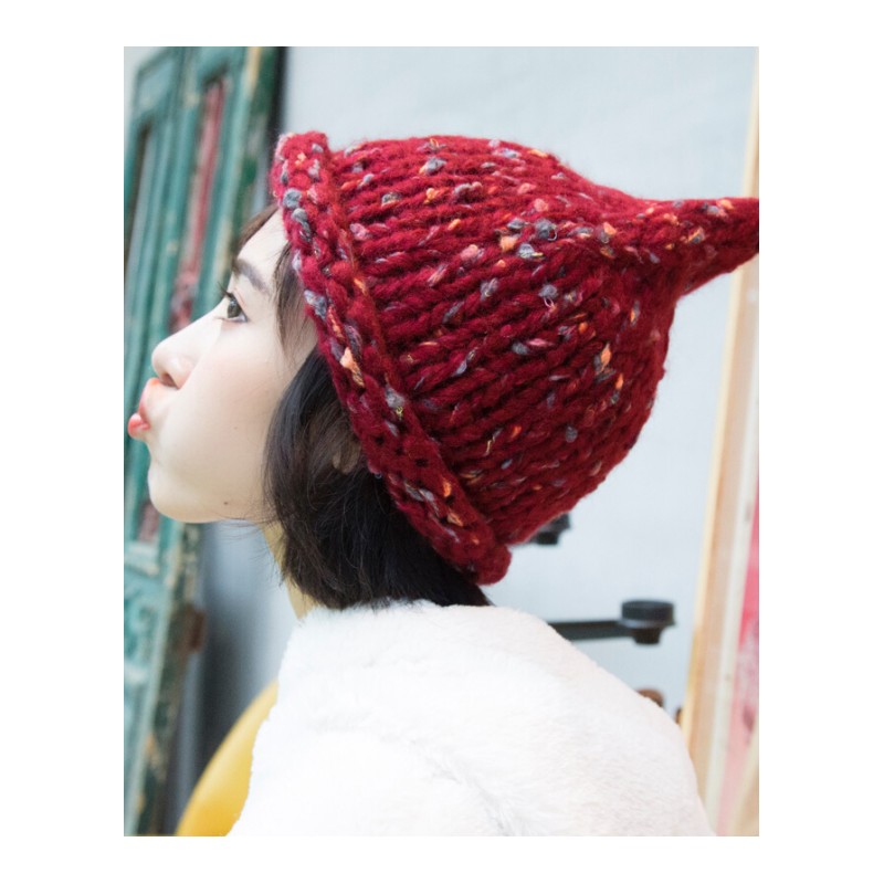 韩国秋冬季毛线帽女时尚混色尖尖女巫帽学生手工针织帽子潮保暖帽 2西瓜红 均码