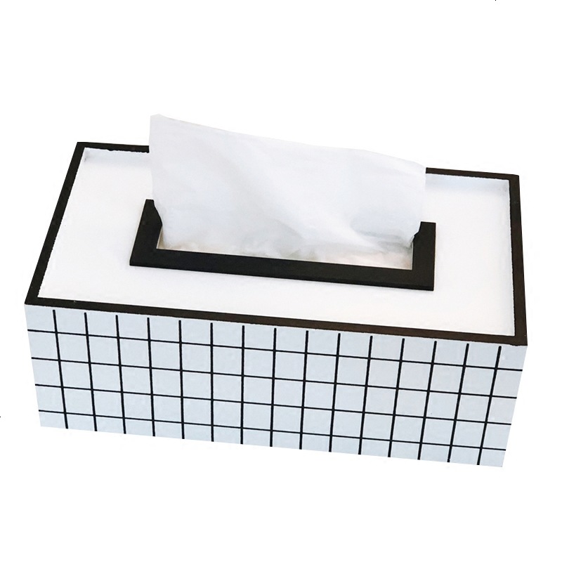 北欧家居简约白格子木质纸巾盒网格纸抽盒黑白经典餐巾抽纸盒