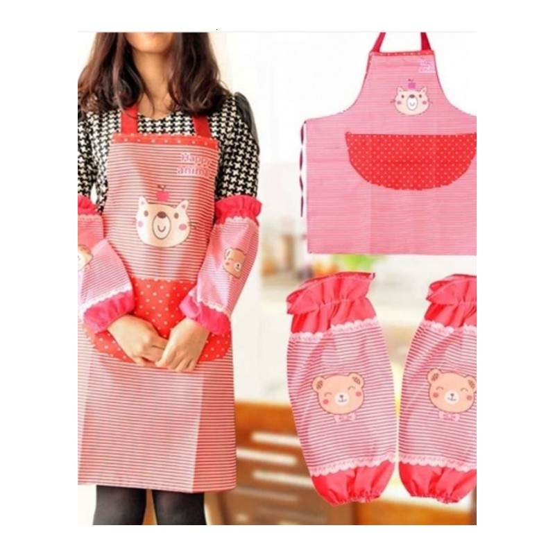 韩版时尚围裙套装 成人厨房家务罩衣 卡通防污围裙+防污长款袖套