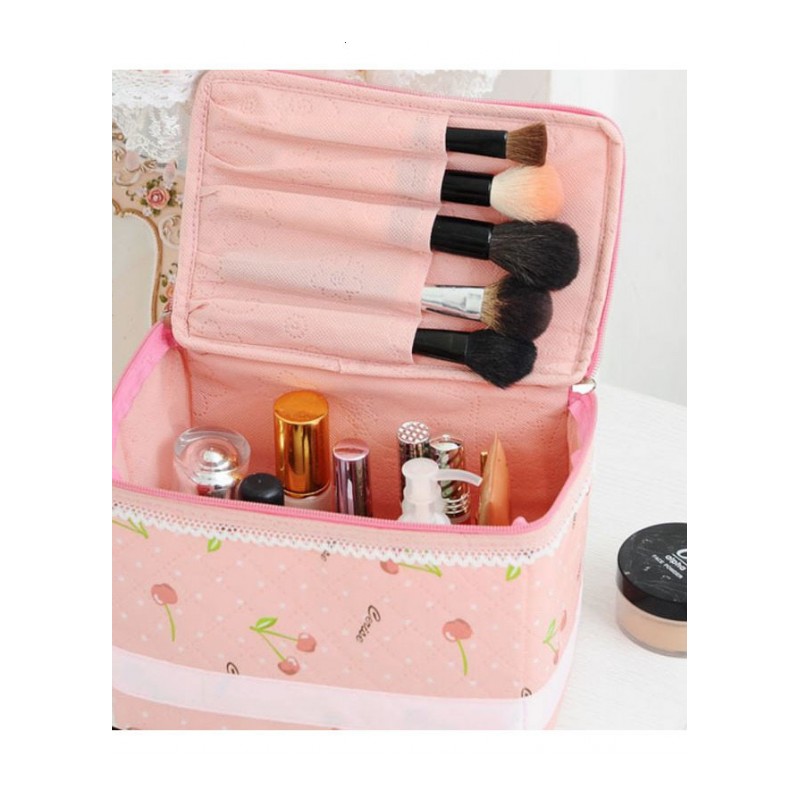 樱桃化妆包 粉色樱桃覆膜 化妆品收纳包蕾丝 提手化妆包