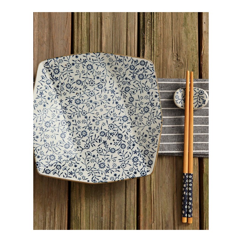 日式和风8英寸陶瓷方盘子釉下彩创意菜盘水果盘平盘九格盘餐具