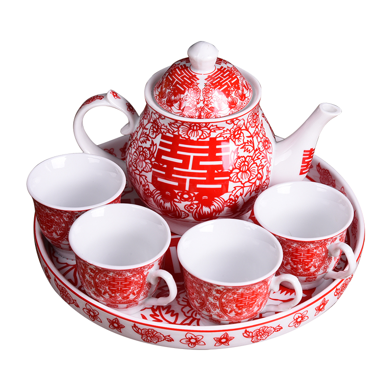 帝梦香结婚庆用品创意中式陶瓷茶壶婚礼陪嫁女方红色敬茶杯茶具套装礼盒