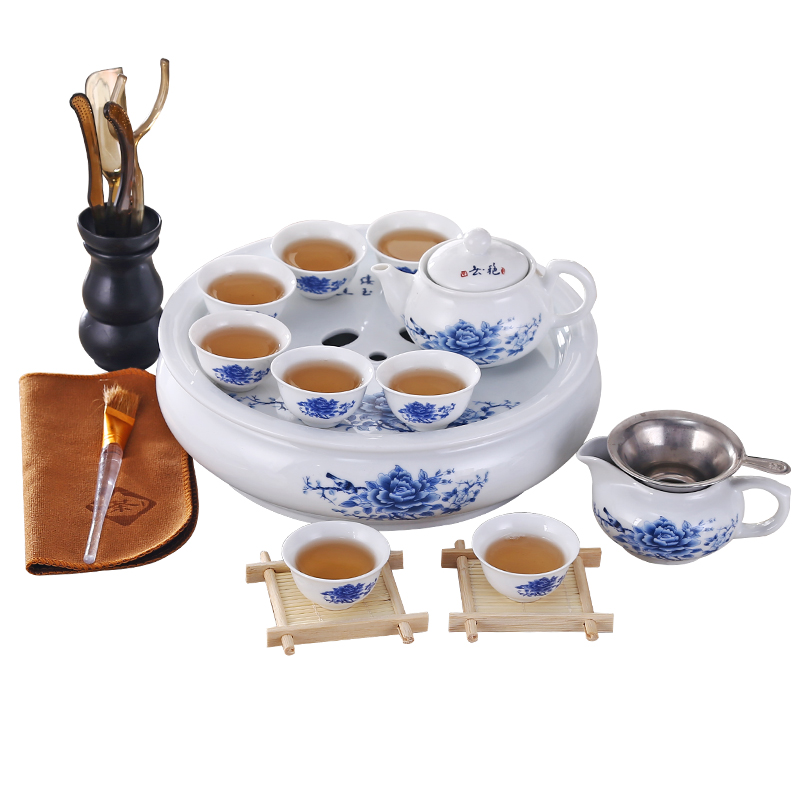 功夫茶具现代青花瓷陶瓷茶杯套装家用简约整套带茶盘白瓷喝茶套装(请先与客服确认再)