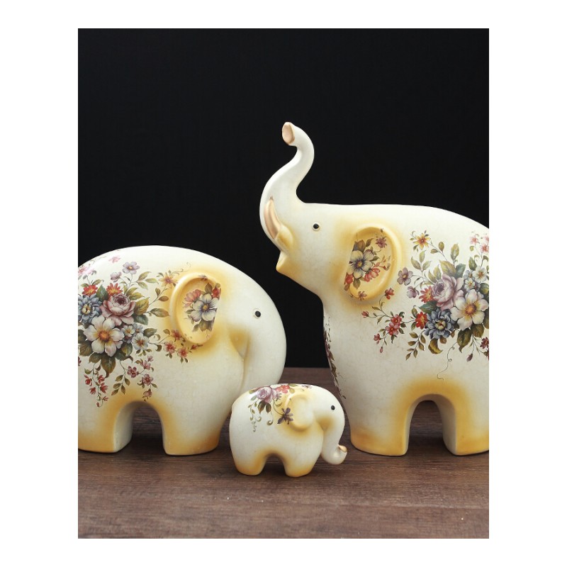 美式大象摆件欧式创意陶瓷小象装饰品电视柜客厅软装礼品日用创意家居湖蓝陶瓷三只象日用家居