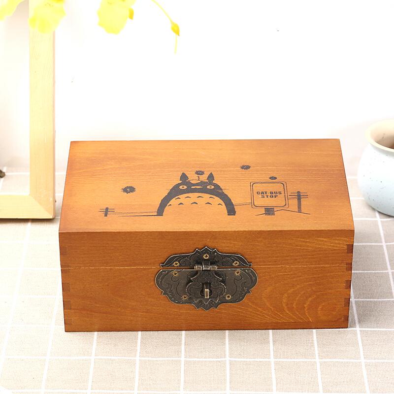 木质收纳盒带锁实木箱子创意小木箱木盒复古桌面整理长方形储存盒巧克力色小号-油光爱情