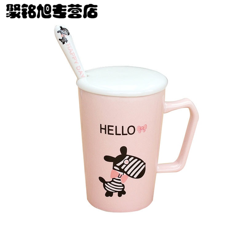 2017年新款卡通水杯子陶瓷有盖咖啡可爱带盖带勺马克杯情侣杯子一对创意韩版创意水杯马克杯杯子情侣杯子