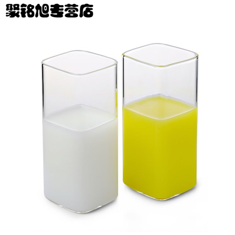 创意方形玻璃杯2只水杯套装家用茶杯透明耐热杯子牛奶杯果汁杯