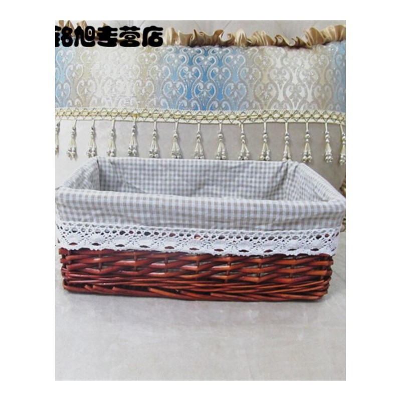 收纳筐藤编储物篮柳编脏衣零食杂物桌面化妆品田园布艺盒简约棕色灰格加花边大号48*35*17CM