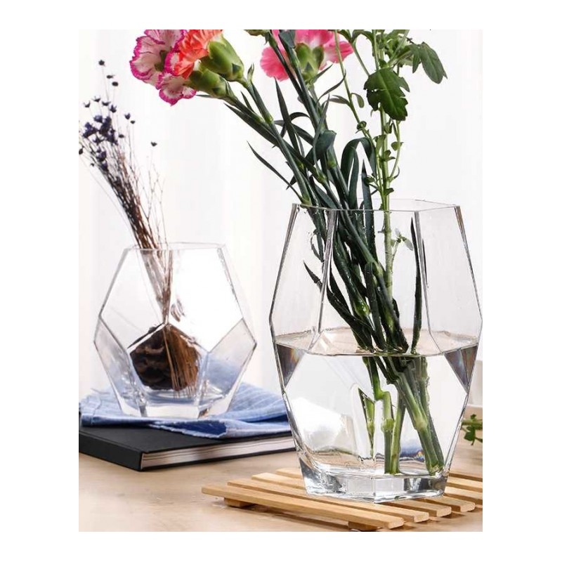 几何玫瑰透明美式花插花器水晶摆设清新富贵竹玻璃瓶装饰品干花彩色复古落地玻璃水培水