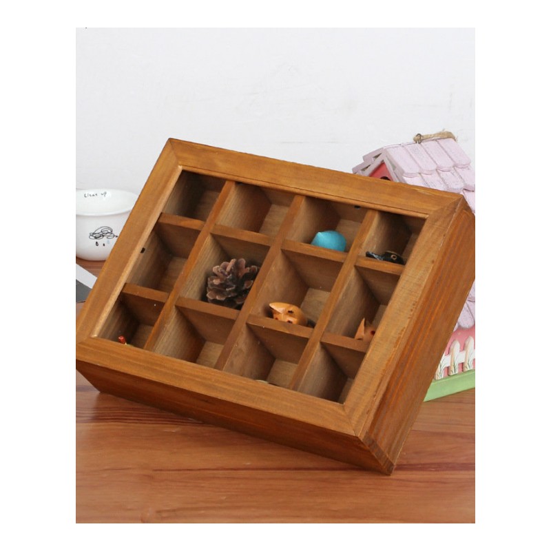 zakka杂货 十二格玻璃印花收纳盒 实木做旧木盒 首饰盒家居日用