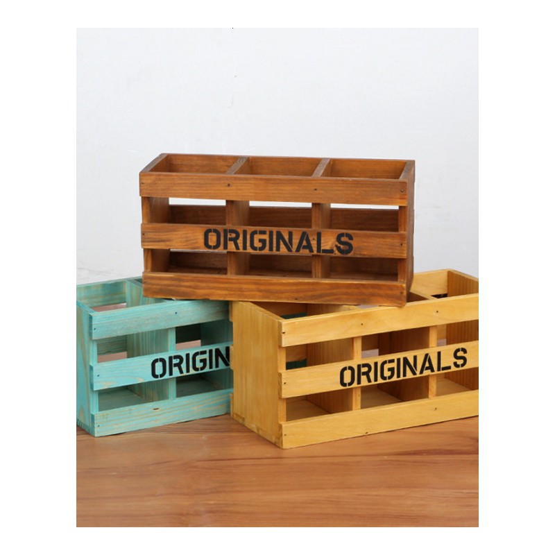 zakka复古木盒木质桌面化妆品收纳盒实木三格笔筒遥控器储物盒