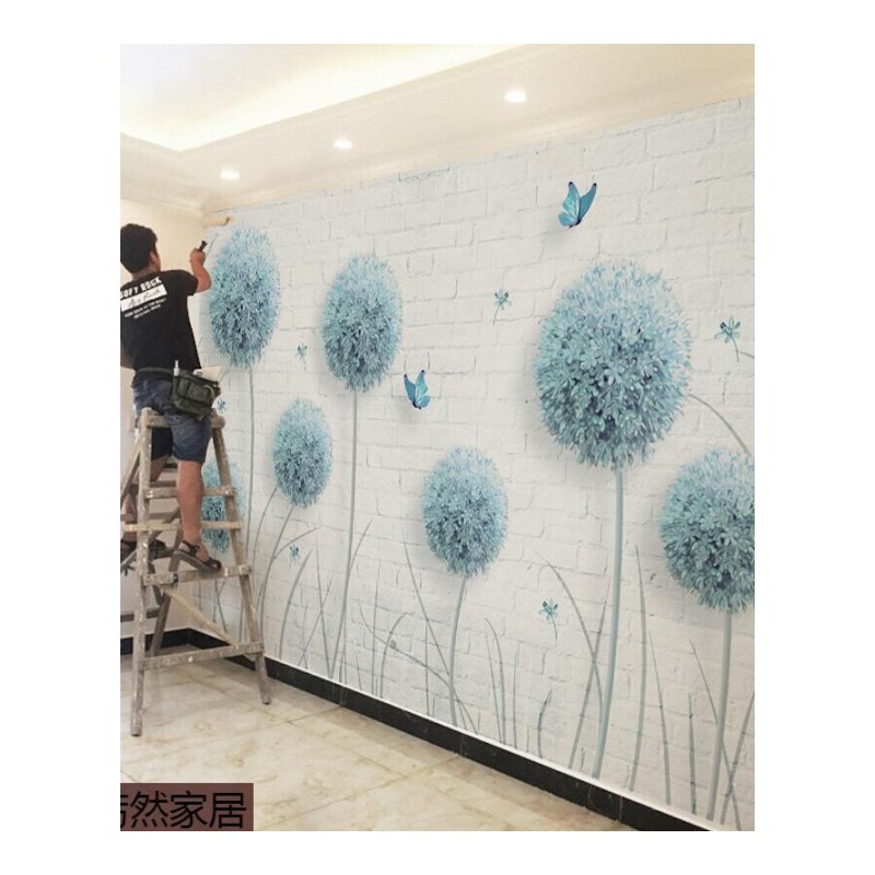 欧沙简约3D客厅电视背景墙纸壁画手绘花卉壁纸蒲公英蝴蝶无缝油画布(一整张)仅墙纸