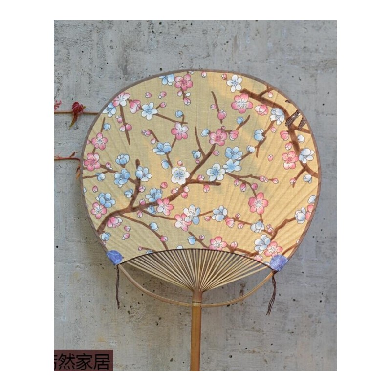 日式团扇日本古典双面圆形扇子和服棉麻布和风花布扇一把