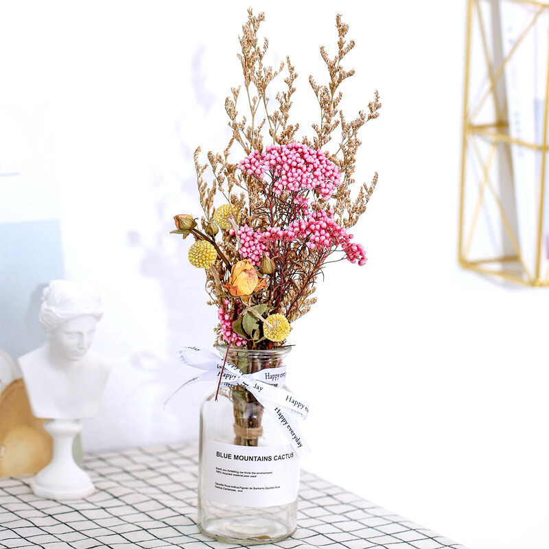 干花带花瓶套装插假花的玻璃透明创意个性办公桌餐桌上装饰小摆件干花透明宽口瓶套装1干树枝