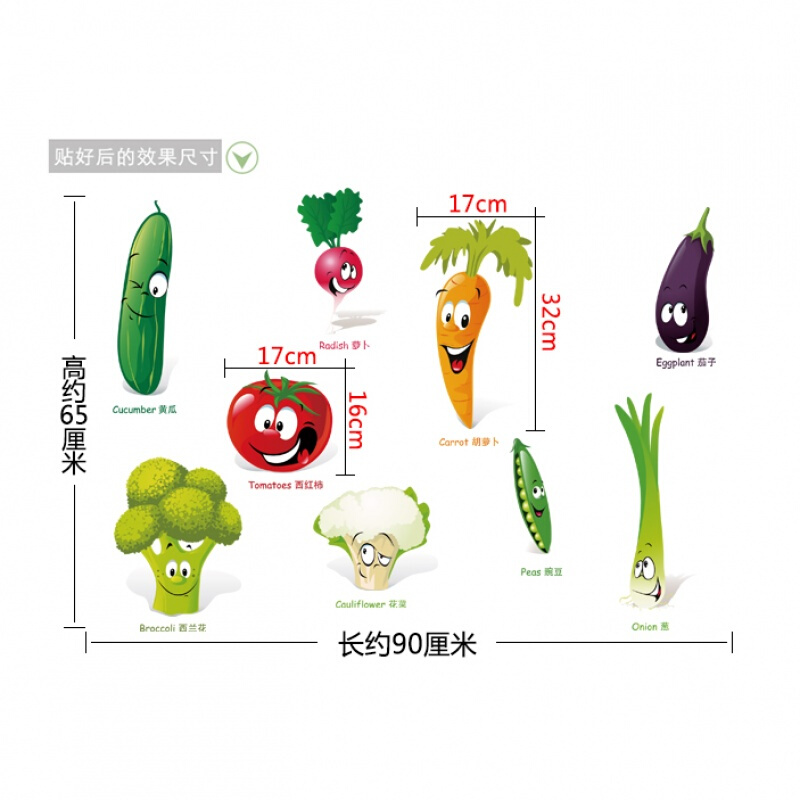 原创设计蔬菜英文贴纸冰箱卡通儿童房间早教幼儿园教室环保墙贴画卡通表情蔬菜大