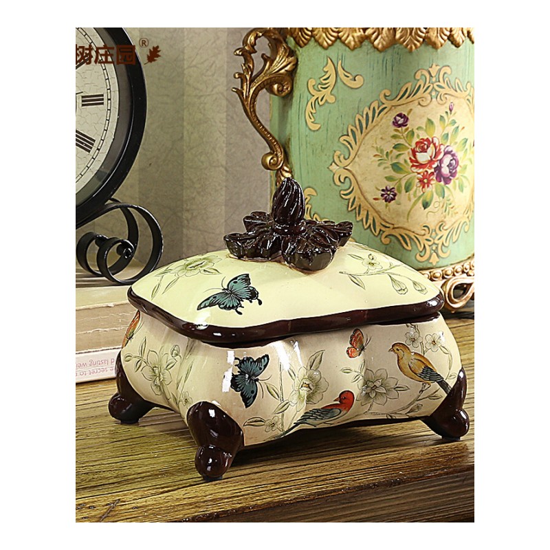 欧式复古陶瓷首饰盒摆件美式客厅家居创意样板间桌面装饰品收纳盒乳白色100679