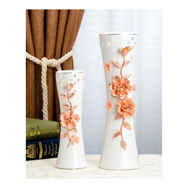 浮玫瑰花瓶家居装饰品客厅摆设现代简约陶瓷花瓶干花插花器-小号玫瑰红色