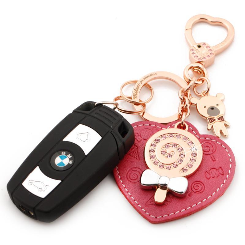 钥匙挂件创意钥匙链卡通金属汽车女士钥匙扣-玫红牛皮玫瑰金扣