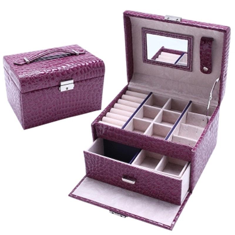 PU化妆盒带镜子欧式耳钉戒指收纳盒创意木质首饰盒带锁-粉红色