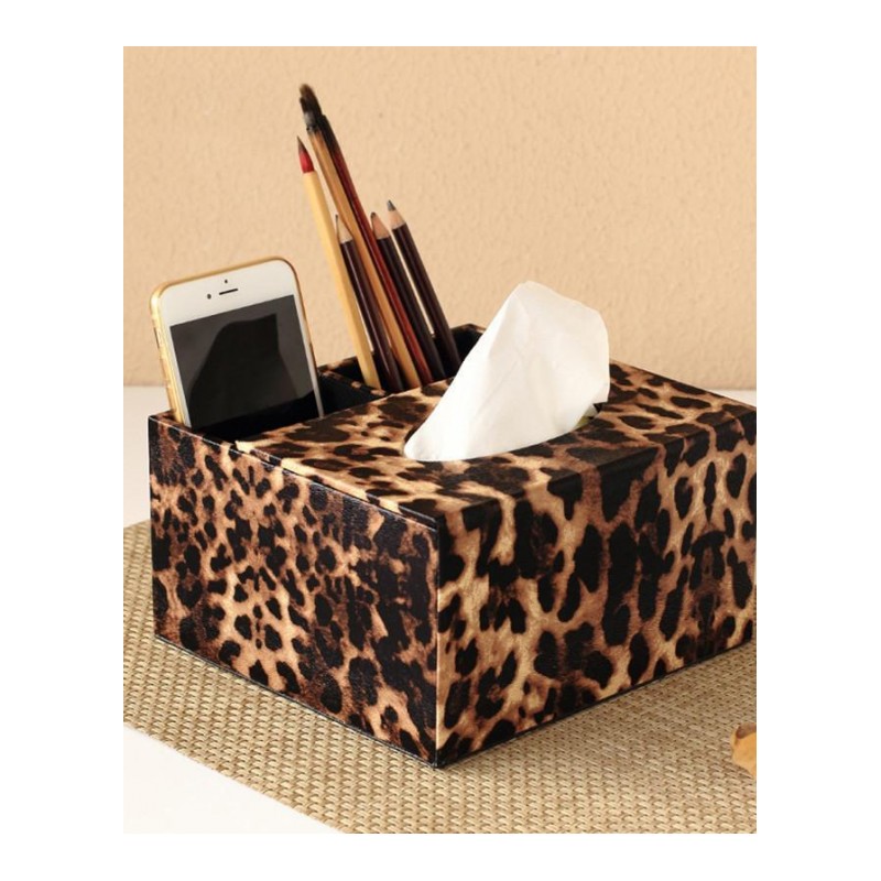 家用欧式纸巾盒皮革印花抽纸盒车载多功能收纳盒-豹纹200抽长款