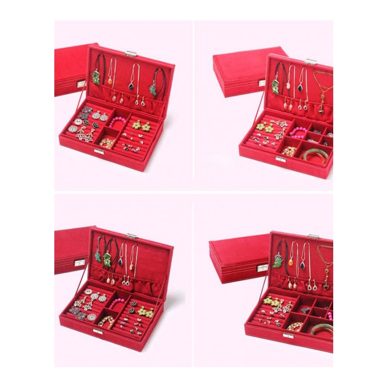 欧式首饰盒木质珠宝盒耳饰项链分类饰品盒创意收纳盒带锁-大格子款粉红
