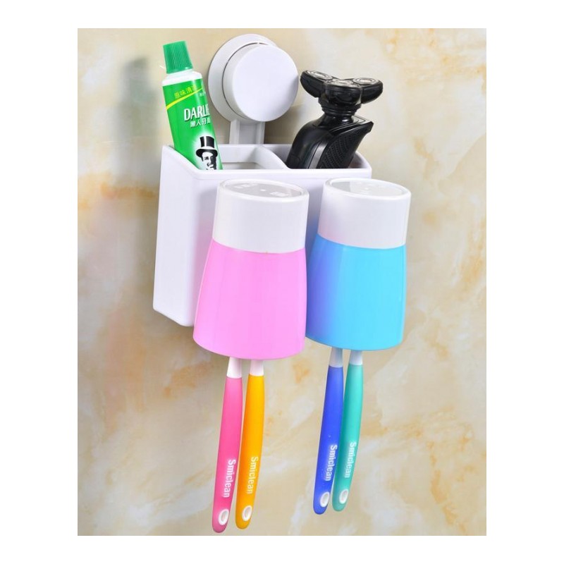 幸福之家吸盘洗漱套装 两杯牙刷架牙杯架实用浴室置物架 情侣牙刷架 吸盘刷牙杯(776)