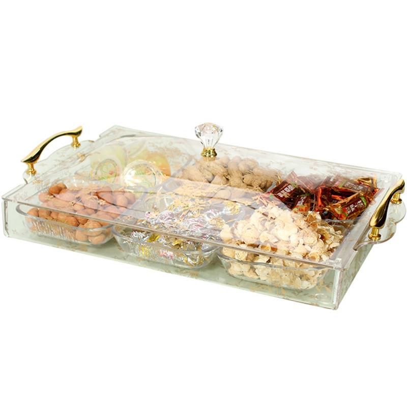 干果盘创意干果盒坚果瓜子盒子家用客厅欧式分格带盖糖果盘-六格金色